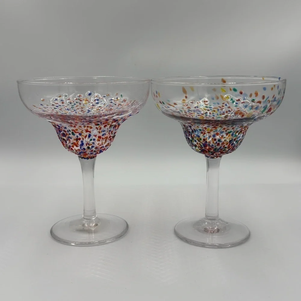 Pier 1 Hand Blown Multi Dot Margarita Glasses Set of 2 New Old Stock